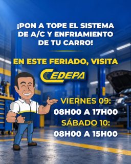 ¿Tienes planes para estos días de descanso👀? 

😎 Antes de salir a disfrutar, asegúrate de que tu vehículo esté preparado para acompañarte en cada kilómetro ☝🏼.

🫡 En CEDEPA tenemos los repuestos que necesitas para mantener tu vehículo en óptimas condiciones, por eso, en este feriado, ¡¡¡te estaremos esperando 😌!!!

📍 Matriz: Calle 110 y avenida 102.
📍 Sucursal: Avenida 113 y calle Las Acacias.
📲 0995541378

#CedepaEsGarantía #RepuestosAutomotrices #AireAcondicionadoAutomotriz #RefrigeraciónAutomotriz