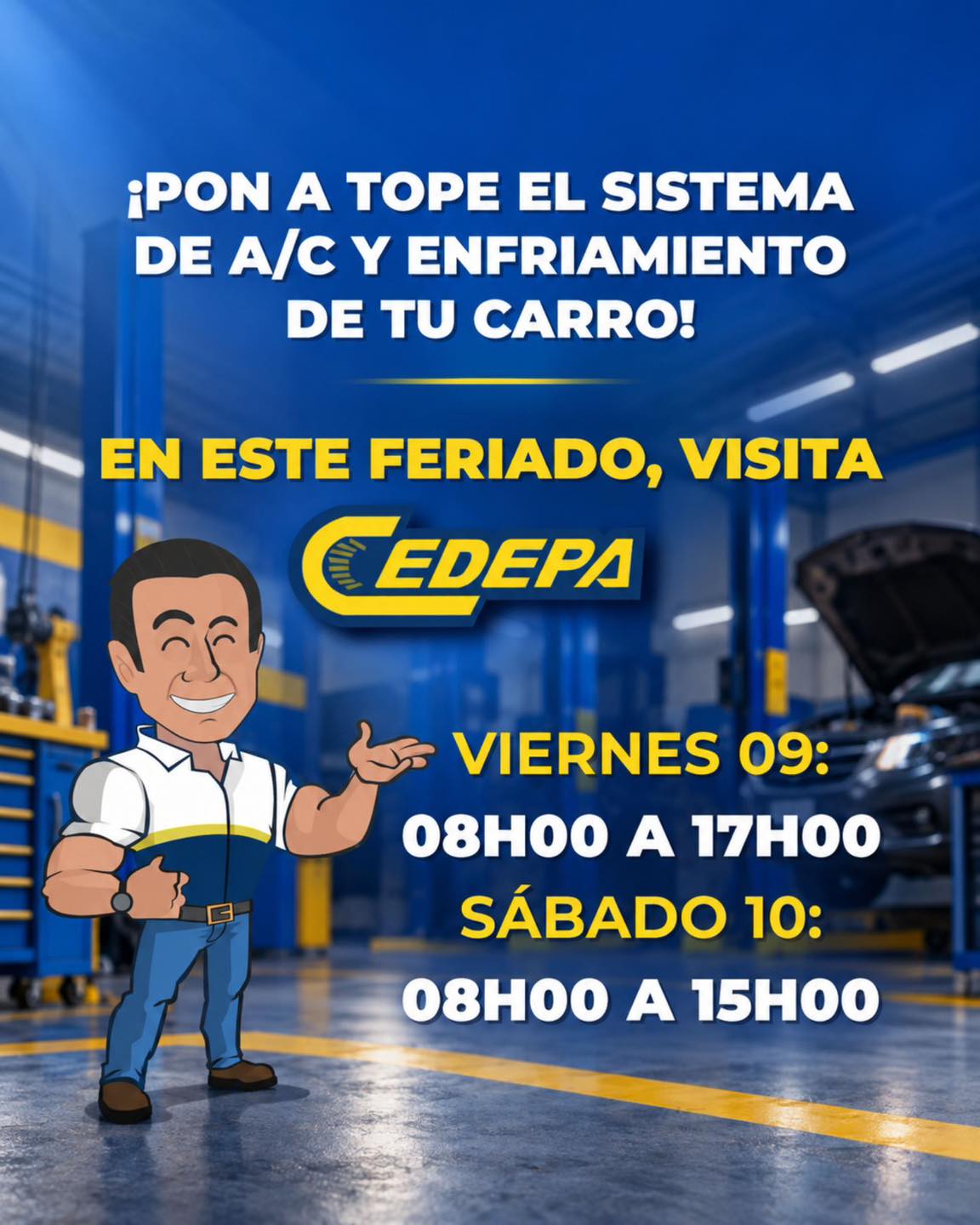 ¿Tienes planes para estos días de descanso👀? 

😎 Antes de salir a disfrutar, asegúrate de que tu vehículo esté preparado para acompañarte en cada kilómetro ☝🏼.

🫡 En CEDEPA tenemos los repuestos que necesitas para mantener tu vehículo en óptimas condiciones, por eso, en este feriado, ¡¡¡te estaremos esperando 😌!!!

📍 Matriz: Calle 110 y avenida 102.
📍 Sucursal: Avenida 113 y calle Las Acacias.
📲 0995541378

#CedepaEsGarantía #RepuestosAutomotrices #AireAcondicionadoAutomotriz #RefrigeraciónAutomotriz